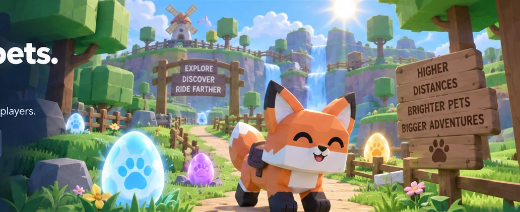 A smiling block-style fox beside glowing eggs in a sunny adventure world